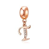 Abalorio de plata de ley 925 con letra de oro rosa con inicial del alfabeto de la A a la Z, compatible con pulseras europeas Pandora, regalo para mamá, esposa, hija, Plata de ley, No es una piedra
