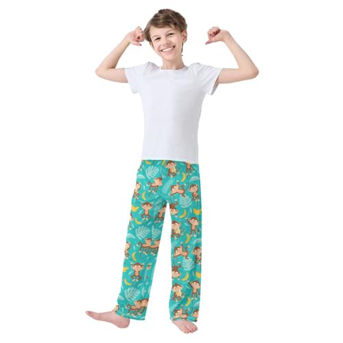 Tropical Monkey Palm Leaf Boys Long Pants Soft Trousers Elastic Waist Kids Lounge Bottoms with Pockets S-XL2