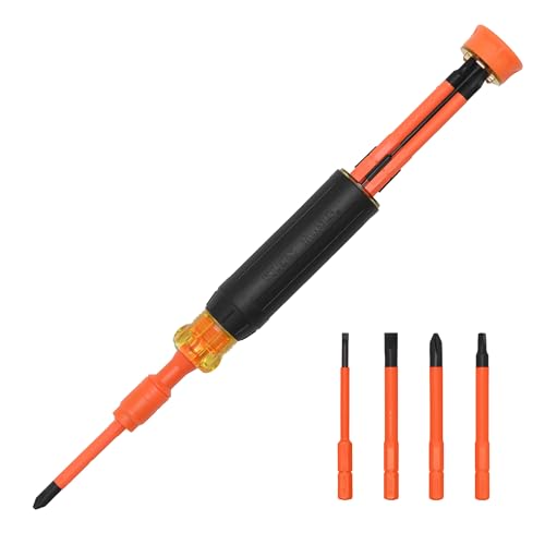 Image of Klein Tools 32604INS 4-in-1 Insulated Multi-Bit Screwdriver, Multi-Bit Driver with Auto-Locking Collar, 1000V Rated, In-Handle Bit Storage