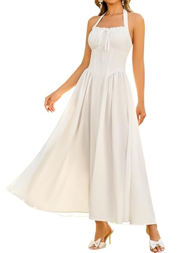 Image of KUTUMAI Summer Floral Corset Midi Dress Halter Smocked Sundress Flowy A Line Beach Wedding Guest Dresses for Women 2025