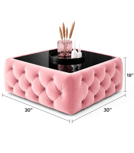 Image of Premium Tufted Upholstered Coffee Table with Mica Top - Modern Square Ottoman Center Table, Soft Velvet Finish, Luxury Living Room Furniture - 30 x 30 x 18 Inch (Pastel Pink)