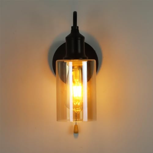 Image of Vintage Glass Wall Sconces with Pull Chain Switch,Bathroom Vanity Wall Light Fixtures for Kitchen Living Room Bedroom Bath Hallway (Amber-10CM)