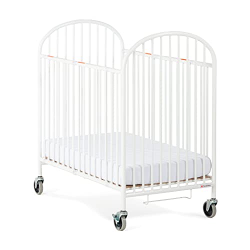 Foundations Pinnacle Folding Steel Crib, Portable Baby Crib With Commercial Grade 3" Casters, Heavy Duty Steel Hotel Crib, Includes 4 Inch Foam Mattress, White #TOP23