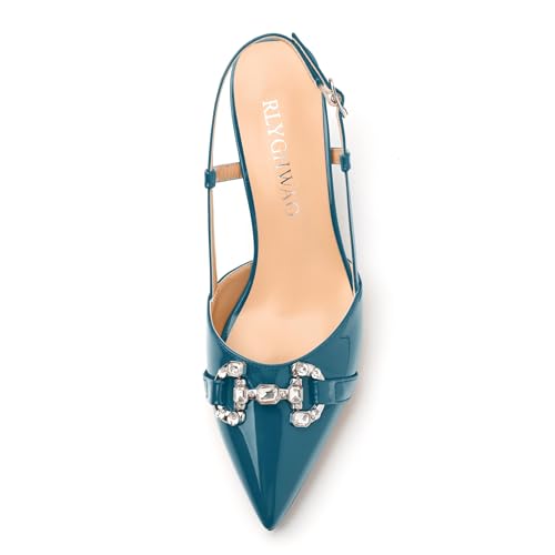 Women's Slingback Pumps, Pointed Toe Mid Heel Shoes for Women, Adjustable Buckle Fashion Solid Patent Pump for Party Dating Working3