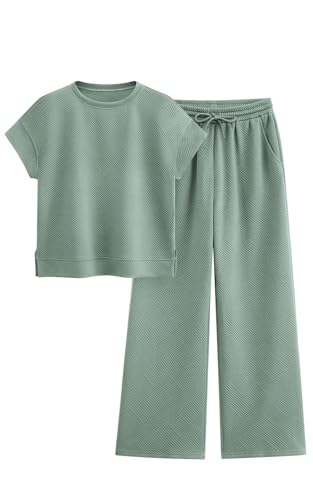 Image of PRETTYGARDEN 2 Piece Outfits For Women Casual Tracksuit Short Sleeve Tops And Wide Leg Long Pants Matching Lounge Sets