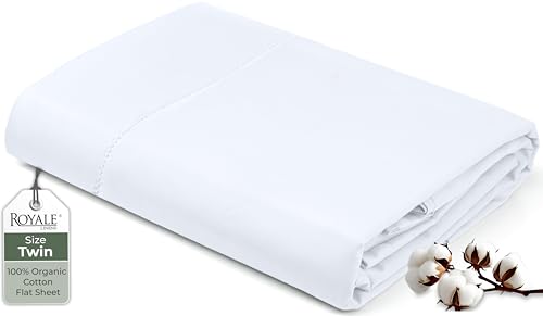 Royale Linens 100% Organic Cotton Twin Flat Sheet Only - Super Soft - Percale Top Sheets - Twin Flat Sheet Sold Separately - Breathable, Cool & Crisp White Sheets Only (66