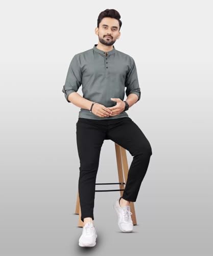 Image of DEEMOON Men's Regular Fit Solid Sprad Collar Casual Shirt with a Trendy Mandarin Collar Crafted from a Premium Cotton Blend