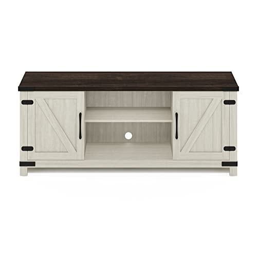 Image of Furinno Jensen Farmhouse Barn Door Living Room TV Stand with Storage Cabinets for TV up to 70 Inch, Ebony /White Wash