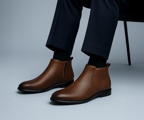 Image of Kraasa Orion-X Men's Vegan Leather Chelsea Boots - Classic Almond Toe Ankle Boots with Textured Finish | Formal & Smart Casual Boots