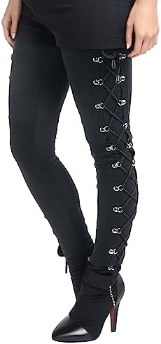 2025 Hose, seitliche schwarze Leggings für Damen, modische Hose, Gothic-Spitze, Damenhose, Schwarz , XL