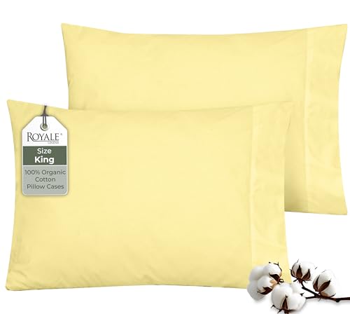 ROYALE LINENS 100% Organic Cotton Percale Pillowcases Set of 2 - King Size Percale Pillowcase - King Set of 2 Pillow Cover - Breathable, Cool & Crisp Pillow Cases (20"x40", Yellow)