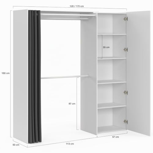 Dressing extensible MARTY 120170 x 50 x 180 cm avec étagères + double penderie + miroir + rideau - vue 5
