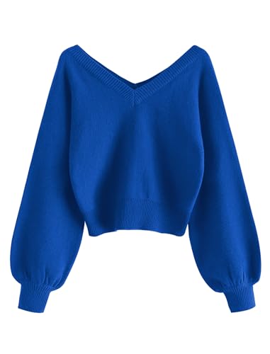 Image of ZAFUL Women's Cropped Sweater V-Neck Long Sleeve Pullover Jumper Knit Top | Crop Length, Ribbed Knit, Double V design, White sweater, Raglan sleeves, lantern sleeve, Fall & Winter, Loose fit, Oversized