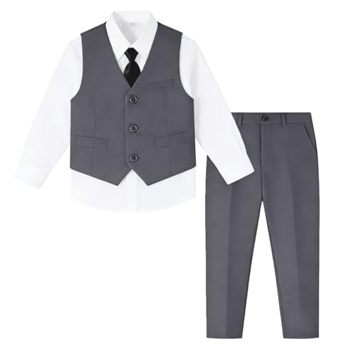 Image of Baby Boy Formal Suit for Toddler Infant Tuxedo Dress Suits | Little Gentleman, Wedding Ring Bearer Outfit, Vest Pants Long-Sleeve Shirt Tie, Birthday Party Christmas Prom, Classic