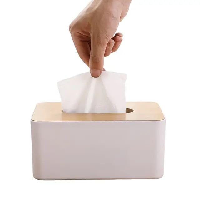 Tissue Box, White with Wooden Color Cover | PP Plastic and Oak Wood, Tissue Paper Holder Dispenser, Organizer for Bathroom and Kitchen