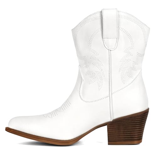 Image of IXU Cowboy Boots for Women Ankle Cowgirl Booties Wide Mid Calf Pointed Toe Western Boots Short Chunky Classic Booties