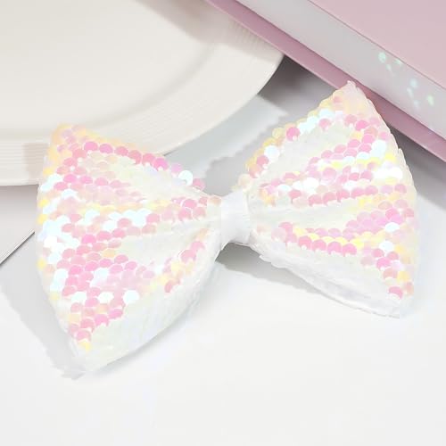CÉLLOT Party Festival Baby Girls Sparkling Bows Clips Glitter Sequins 5\" Hair Bows Alligator Hair Clips for Girls Baby Children Toddlers(White)