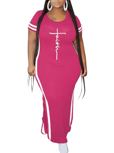Image of PINSV Women Plus Size Maxi Dress Summer Short Sleeve Split Long Dress