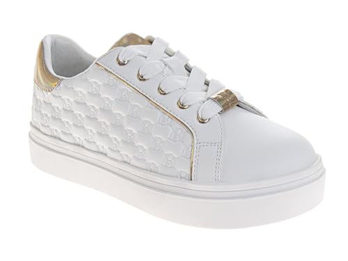 Josmo Girls Fashion Sneakers – Glitter Lace-Up Casual Shoes with Lightweight Comfort Sole and Metallic Charm Detail White/Gold Size 4 Big Kid
