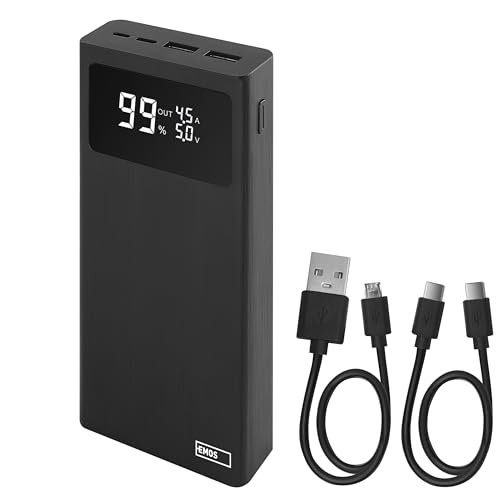 EMOS Powerbank BetaQ 20000mAh, 22,5 W Quick-Charge externer Akku/Ladegerät mit Passthrough und Display, 3X Output + 2X Input, inkl. Datenkabel USB/USB-C, Auto ON/Off, schwarz