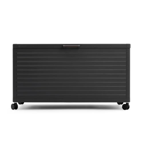 Image of MIRADOR 175 Gallon Outdoor Storage Box with Wheels & Soft-Close Lid, Waterproof Metal Deck Box for Patio Cushions, Garden Tools & Pool Accessories, Charcoal