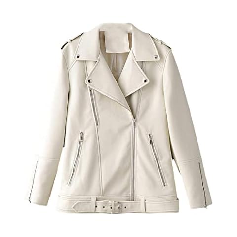 Autumn Women Pu Leather Loose Jackets Turndown Collar Epaulet Zipper Biker Overcoat Outerwear Beige Cover
