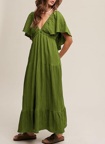 Image of Kikibell Women Summer Dresses Sexy V-Neck Maxi Dress Tiered Silhouette with Flutter Sleeve Backless Elastic Waist Flowy Dress