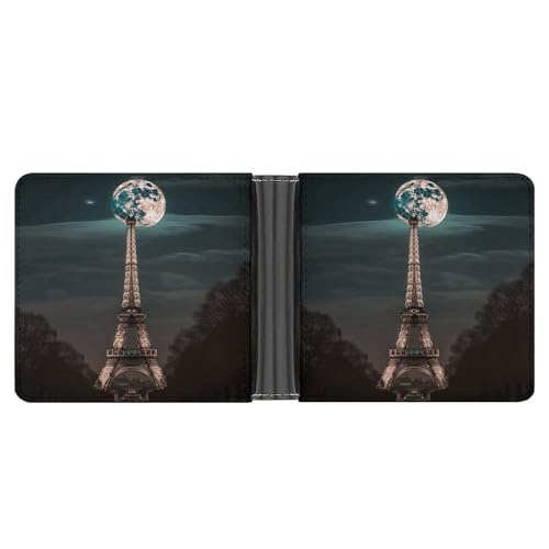 Men's Leather Wallet Bifold Wallet for Men Full Moon Paris Eiffel Tower Slim Wallet with Multiple Card Classic Passcase Mens Card Holder