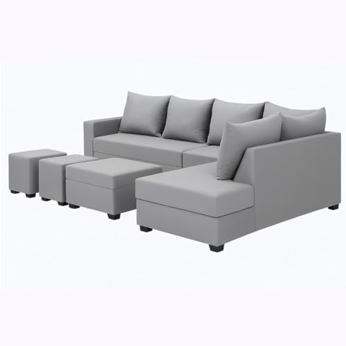 Image of FURNY Gloria 8 Seater Fabric RHS L Shape Sofa Set with 1 Centre Table & 2 Puffy (Light Grey) | Premium Velvet Finish | Ideal of Living Room