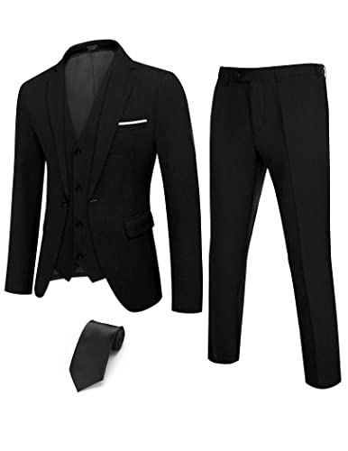 Coofandy Men’s 3 Piece Suits Slim Fit One Button Blazer Vest Suit Pants With Tie Black #TOP15