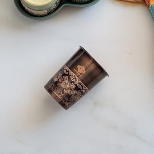 Image of INDIAN ART VILLA Copper Antique Dark Embossed Drinking Glass, Pure Copper Ayurvedic Water Tumbler for Home, Office, Restaurant Use, Traditional Drinkware Gift Item, 275 ML, Set of 2