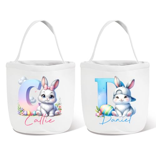 CALLIE Personalized Easter Basket for Kids - Custom Name Canvas Tote with Bunny Design Egg Hunt Bag & Party Favors Organizer