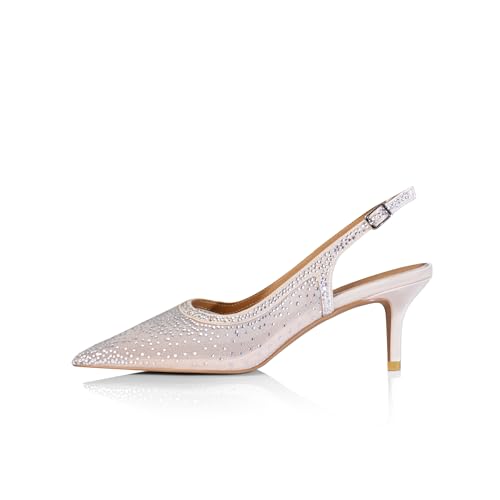 iadore Women Fashion Low Kitten Heel Pumps Sexy Rhinestone Splicing Mesh Suede Slingback Shoes Classic Wedding Party Pumps Size 5-12 US2
