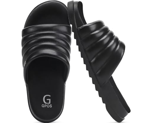 GPOS Womens Slides with Memory Foam Soft Cushioned Cozy House Slippers for Woman Comfy Open Toe Ladies Sandals Leather Slip on Bedroom Shoes Plantar Fasciitis Indoor Outdoor