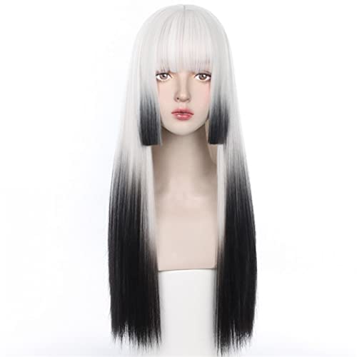 Perruque naturelle noire dégradée blanche de 68 cm avec frange - 4