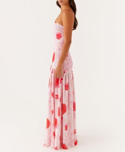 Image of Women Floral Strapless Maxi Dress Y2K Bodycon Tube Long Dresses Sexy Party Formal Cocktail Beach Slit Dress