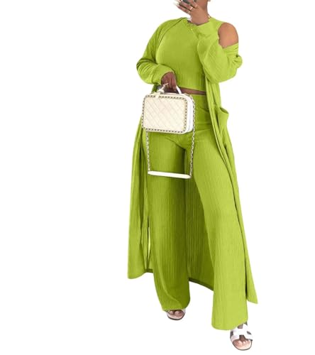 Women Fall 3 Pcs Pant Suit Fashion Long Open Front Blazer Coat Tank Long Trousers Elegant Workwear Office Set Green XXL
