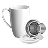 LEKUNI Taza Té de Porcelana con Infusor y Tapa, Accesorio de Té con Filtro, Taza de Té de Hojas Sueltas con Infusor, 450ml para Té/Café/Leche/Mujer/Oficina/Hogar/Regalo (Blanco)