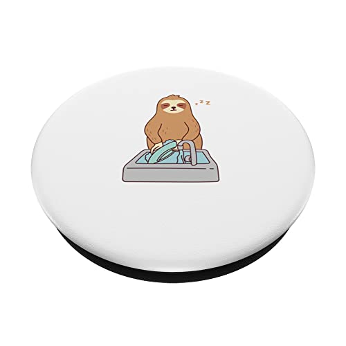 Cute Sloth Dishwashing Sleeping Tired Lazy PopSockets Swappable PopGrip, Black - Image 2