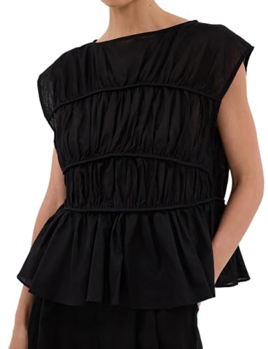 IDEALSANXUN Linen Tank Tops for Women Summer Cap Sleeve Tiered Pleated Shirts Casual Cute Peplum Blouses Beach Tops