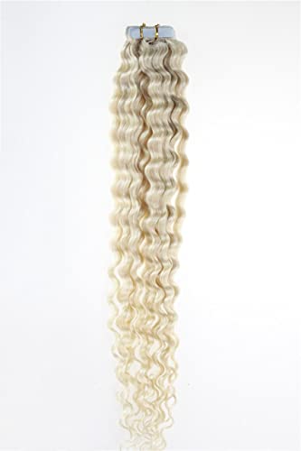 Invisible Seamless Tape In Hair Extensions Skin Weft Curly Remy Human Hair Platinum Blonde 18Inch20Pcs #TOP1