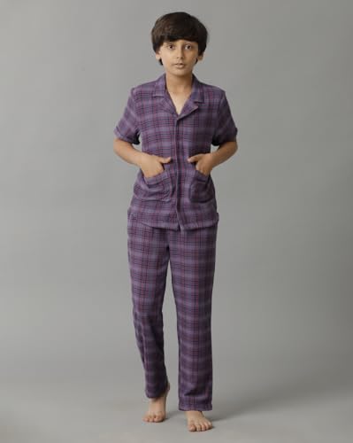 Image of Under Fourteen Only Boys Cotton Night Suit Set for Kids | Stylish Checkered Shirt and Pajama Combo | Comfortable Nightwear and Loungewear for Boys | Half Sleeves | Purple (6 Years-7 Years)