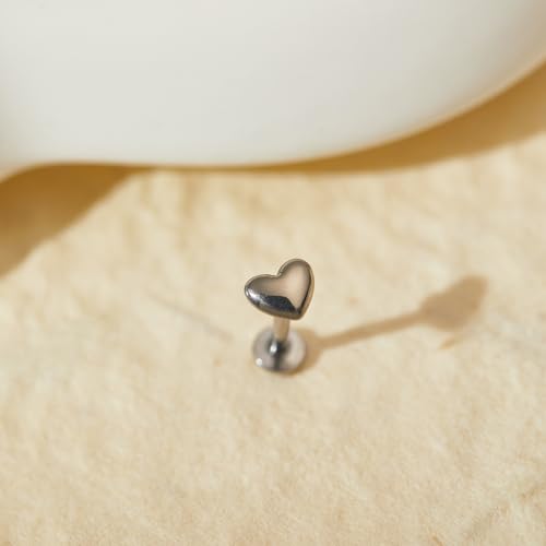 FLECHAZO Heart Titanium Flat Back Earrings, ASTM F136, 3mm Stud, Internally Threaded Front Screw, Interchangeable 16G 8mm or 18G 6mm Posts, Hypoallergenic for Helix Tragus Conch Lobe