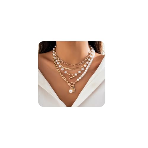 4 PCS Layered Gold Necklace for Women Chunky Gold Necklace Stack Paperclip Chain Pearl Necklace Herringbone Choker Necklace Fashion Jewelry Gifts