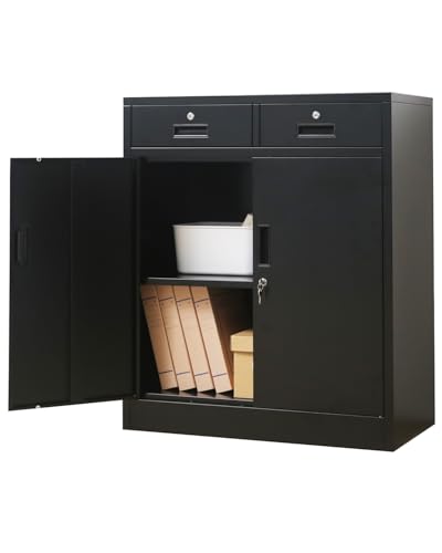 BESFUR Metal Garage Storage Cabinet with 2 Doors and 2 Drawers, Locking Stoage Cabinet for Garage?Classroom and Office - Black