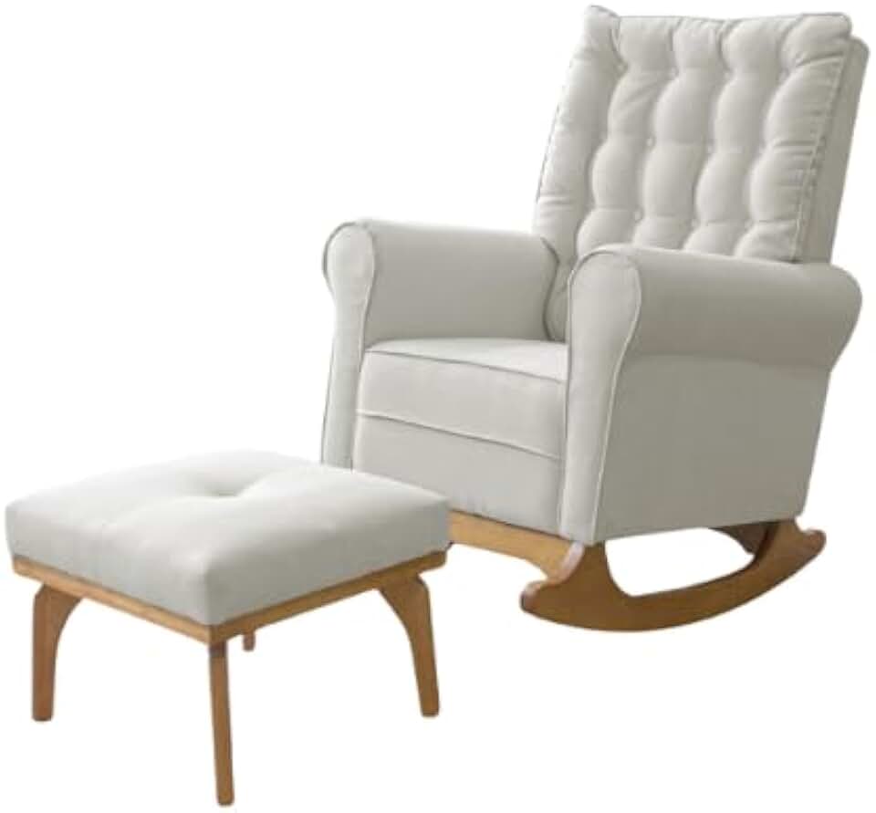 Cadeira Poltrona de Amamentação e Balanço Paris C/Pufe Linho Bege - Lar Doce Lar