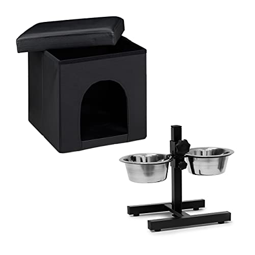 Relaxdays Hundeset M, Hundebox mit Napfhalter Set, Sitzhocker mit Polster, Tierhöhle, Doppelnapf höhenverstellbar, Futterstation