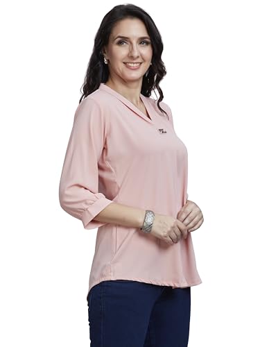 Image of nioni Women's Purple Poly Linen Blend Tunic Top with 3 /4 Sleeves, Printed Yoke, Kantha Stitch Detailing & Mandarin Collar