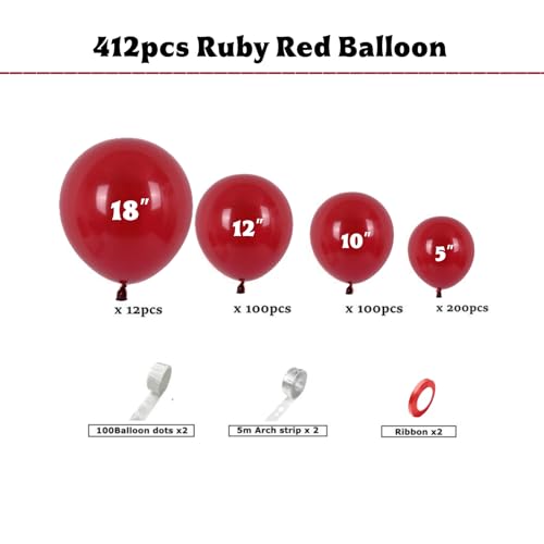 Image of 412pcs Ruby Red Balloon Arch Kit,18 12 10 5 Inch Different Sizes Matte Latex Balloons for Valentine's Day Graduation Wedding Christmas Birthday Party Decorations