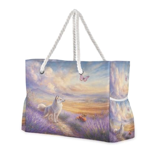 Lavender and Fox Beach Bag & Travel Tote Bag Large Sandproof with Zipper Closure, Wet Pouch for Swim Gym Travel, Lightweight Foldable Outdoor Bag